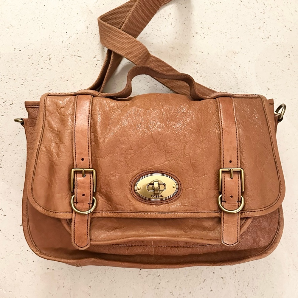 Fossil Tan Leather Crossbody Satchel with Gold Hardware